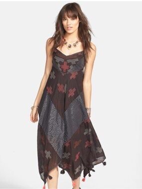 Free People Crossing Paths Tassel Embroidered Handkerchief Dress Black Medium